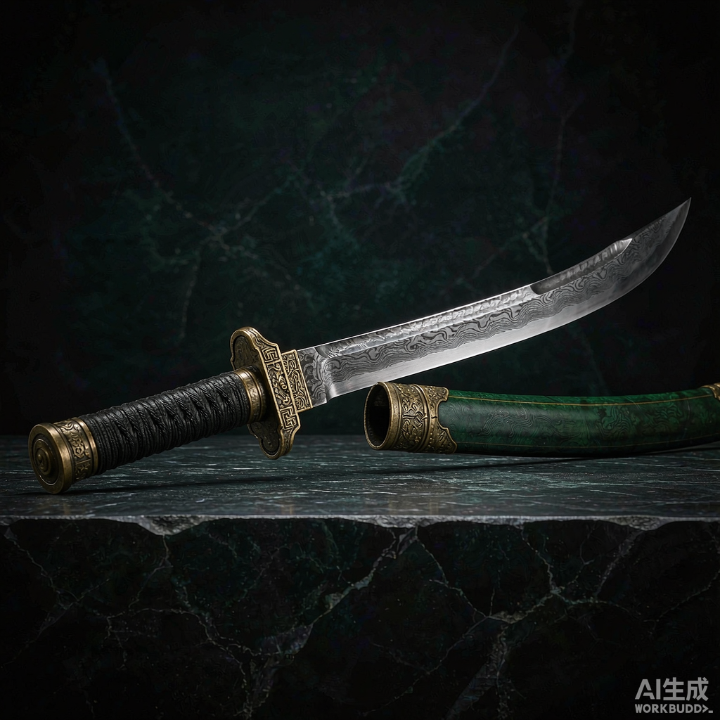 Hand-forged Chinese dao saber with green scabbard